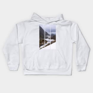 Wonderful landscapes in Norway. Vestland. Beautiful scenery on the Ryfylke scenic route. Mountains, rocks and snow in background. Cloudy day (vertical) Kids Hoodie